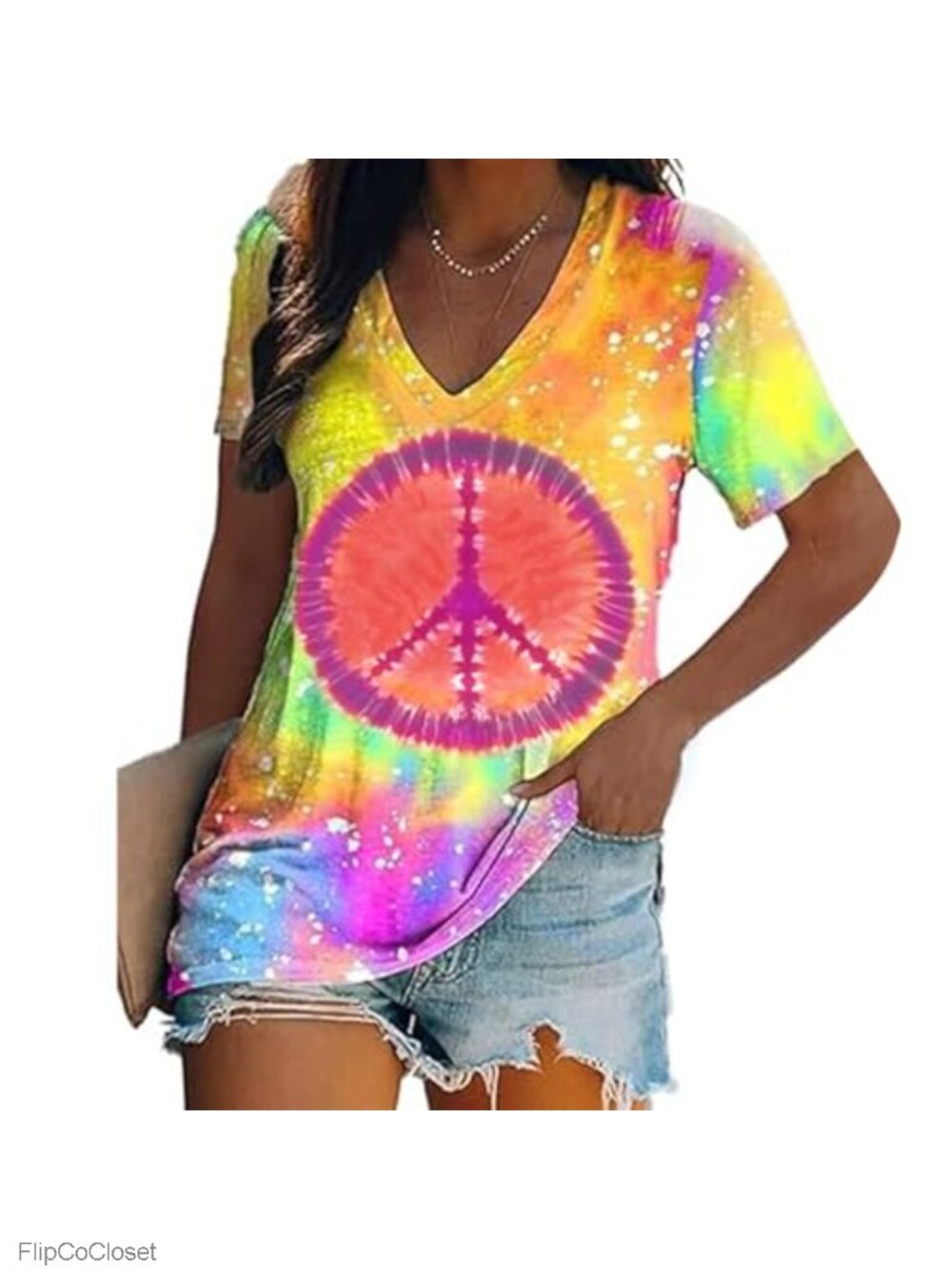 Women Hippie Tee Short Sleeve Tie Dye Peace Sign V-Neck Top